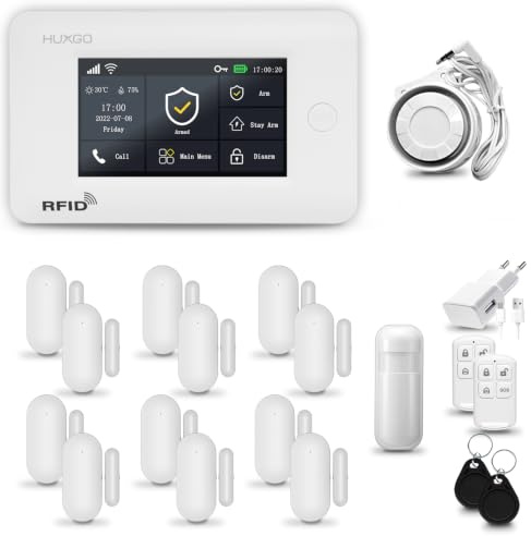 HUXGO® HXA006 Funk Alarmanlage Set WiFi + GSM 4G mit Sirene | Alarm System mit Bewegungsmelder, 12x Tür- Fenstersensor, Fernbedienung | Wohnmobil Alarmanlage | Smart Home Security