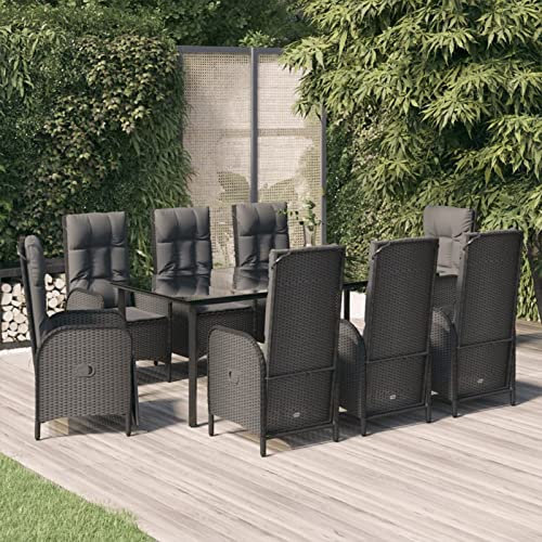 Homgoday Set da pranzo da giardino 9 pezzi e cuscini in rattan sintetico nero, sedia tavolo cucina esterno terrazza patio balcone mobili tipo 24 set da giardino