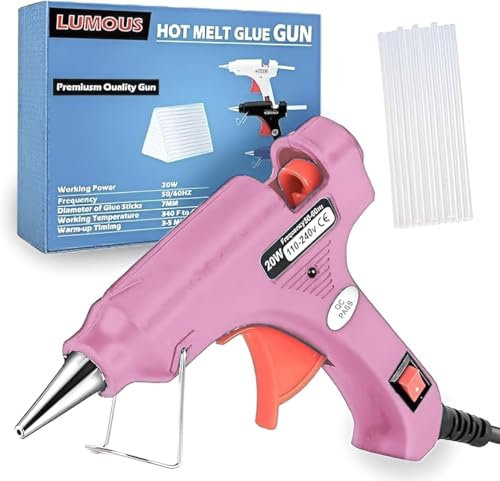 LUMOUS ROLA Hot Glue Gun, 20W UK Plug Mini Heats Up Glue Gun for Crafts, Hobby, Craft, Home Repairs, Fabric, Wood, Glass, Card, ON-Off Switch for DIY Arts (Glue Gun Pink)