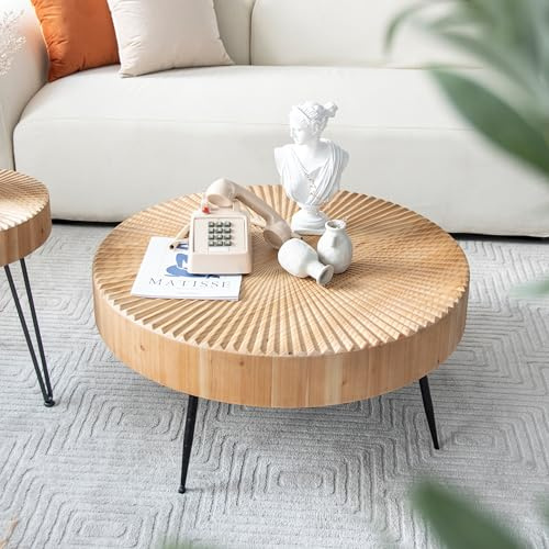 Zouron Lot de 1 Table Basse Ronde en pin,avec Pieds en Fer,Salon Table de canapé en placage de Sapin,（L60*P60*H42） cm,Brun Clair