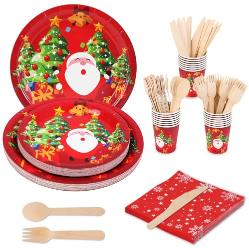 Anstore Platos Desechable, 200 Platos De Papel Rojo, Vajilla De Fiesta De Navidad Con Tenedores, Cuchillos, Cucharas, Platos Y Vasos Para CumpleañOs, Vajilla De Papel Para Navideñas Para 25 Invitados