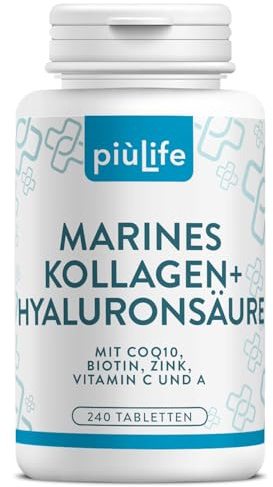 Colageno Hidrolizado Marino Con Acido Hialuronico Y Vitamina C PiùLife, 240 Comprimidos, 2000 mg Colageno Marino Puro Con Q10 Y Antioxidantes, Suplemento Piel Cabello Y Uñas