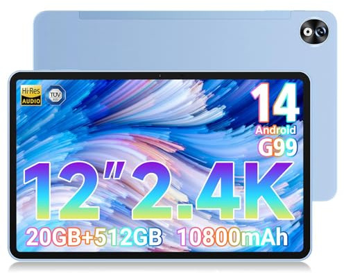 DOOGEE T40 Pro Tablet 12 Pulgadas 20GB RAM + 512GB ROM (2TB TF), 2.4K Android 14 Tablets con Helio G99 y 10800mAh Batería, Tableta 7,6 mm, 16MP+8MP, 4 Altavoces Estéreo, Dual 4G LTE Tablet PC, Azul