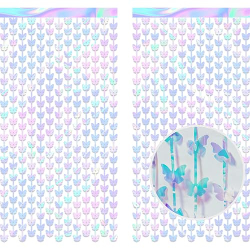 GREATRIL Butterfly Fringe Party Backdrop Iridescent Fairy Streamers for Butterfly Princess Themed Birthday Party Decorations - 3.2ft x 6.5ft - 2 Packs | GREATRIL Fairy Streamers for Butterfly Princess themed Birthday Party Decoration