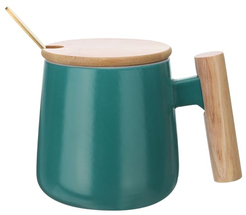sourcing map Keramik-Kaffeetasse, 364 ml, einfacher Holzgriff, große Teetasse, handgefertigte Keramiktassen, Geschenkset mit Deckel und Löffel, für Büro, Küche, Zuhause, Geschenke für Damen und