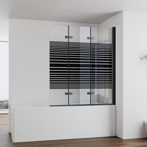 IMPTS Duschwand für Badewanne 120x140cm Schwarz, Faltwand Duschfaltwand 3 teilig mit Streifen Milchglas, Faltbar Badewannenaufsatz Duschtrennwand Badewannenwand Glas mit 6mm Nano Sicherheitsglas