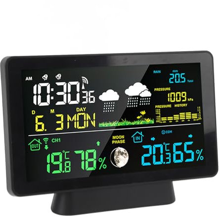 Estación Meteorológica de Radio con Sensor Exterior, Pronóstico del Tiempo, Temperatura, Alarma y Humedad, Pantalla a Color, Radio Reloj, Termómetro Interior/Exterior para el