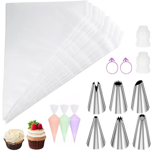 RiuCrepian 100 unidades de mangas pasteleras desechables con boquillas, juego de mangas pasteleras, bolsas desechables para hornear pasteleras, bolsas para pastelería profesional, para decorar