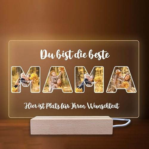 INDIGOS UG - LED Lampe personalisiert - Mama - Du bist die beste - Bild mit Wunschtext - Wunschname - personalisiertes Nachtlicht - Geschenk, Geburtstag, Weihnachten - optionale Lampe warmweiß