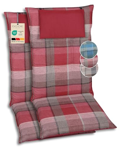 GO-DE Textil Bequeme und attraktive Polsterauflagen für Hochlehner-Gartenstühle (2er-Set, Karo rot, Hochlehner)