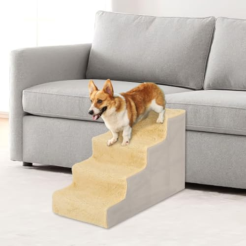 CROWNSHOP 4-Steps Dog Ramp 60X40X15cm Dogs Steps for High Bed Non-Slip Pet Stairs with Removable Washable Cover for Small Dogs and Cats Dog Ramp for Sofa (Beige)