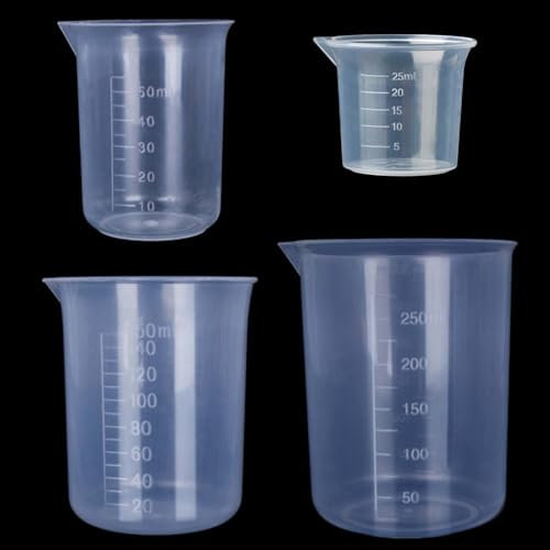 Set di 4 bicchieri dosatori con beccuccio versatore, 25 ml, 50 ml, 150 ml, 250 ml, graduazioni precise, per laboratorio, cucina, giardino, facile da leggere