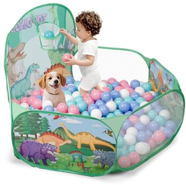 ZimiTeda Katt och hund, barn, bollpool för småbarn, med basketkorg, vikbar bollgrop för baby, popup-bollar för flickor, pojkar, 120 cm bollar ingår inte (dinosaurie)