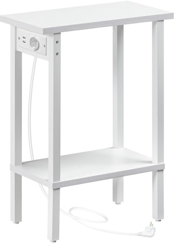 HOOBRO Table d’Appoint étroite, Bout de Canapé à 2 Niveaux avec Station de Charge, Table de Chevet avec Rangement, pour Petit Espace, Salon, Chambre, Bureau, Blanc EWT240CBZ01