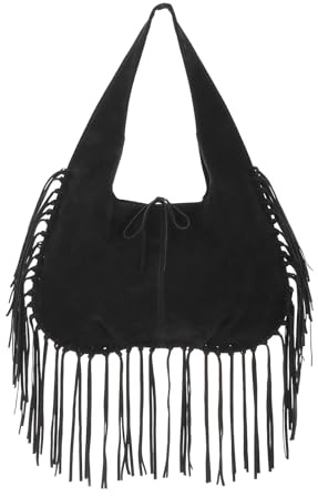 OPLERT Vintage Fringe Shoulder Bags for Women Western Hobo Handbags Vegan Faux Suede Tassel Purse, black