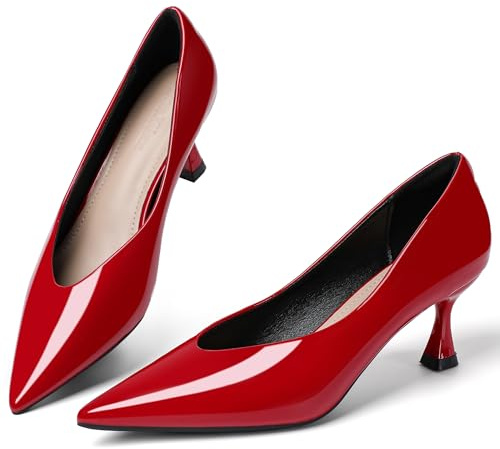 Women's Kitten High Heels 2 Inch Pointed Toe Leather Pumps Comfortable Slip On Wedding Party Work Pumps Shoes Red-9.5