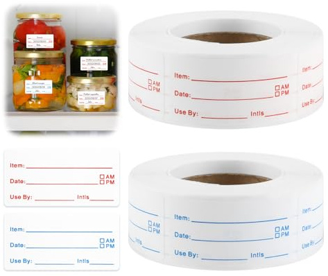 1000 Pieces Freezer Food Labels 2 Roll Stickers Tags Easy Peel Off Removable Food Date Storage Dissolvable for Kitchen Storage Boxes Buffet on A Roll Spice Jars Pantry and Meal Container 1Blue+1Red