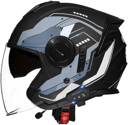Bluetooth Casco Semiaperto Casco A Scodella Adulto Con Doppia Visiera, Demi-Jet Casco Da Moto Casco Scooter Vintage, Caschi Jet Moto Mezzo Casco Omologato DOT/ECE Per Donna E Uomo 19,XL=61-62CM