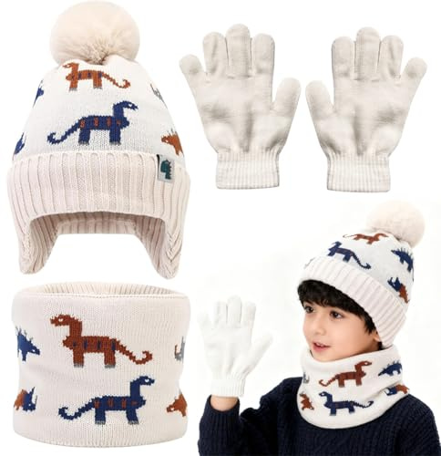 KMFASVX Lot de 3 bonnets, écharpes et gants tricotés avec motif dinosaure pour garçons et filles de 2 à 6 ans
