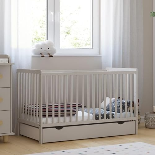 zee Kaschmir Babybett LUMI 120x60 cm Mit Schutzgitter & Schublade 2in1 Kinderbett Aus Kiefernholz Höhenverstellbar EN 716