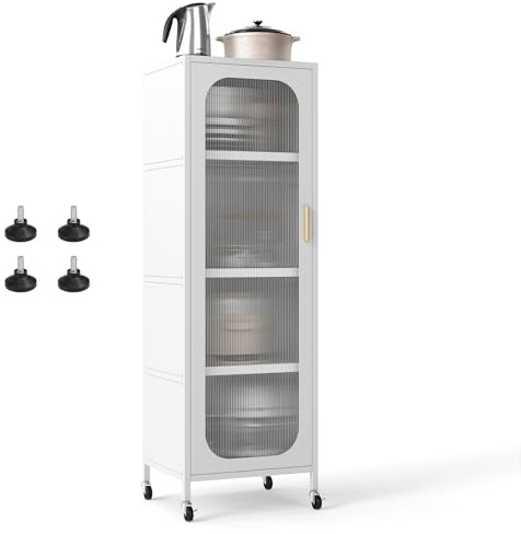 KOMFOTTEU Küchenschrank mit Rollen, 5 Ebenen Buffetschrank mit verstellbaren Regalen, Hochschrank mit transparenter Tür, Mehrzweckschrank für Esszimmer, Wohnzimmer, 45 x 40 x 141 cm (Weiß)