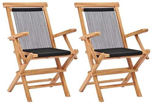 Mokuyary Fällbara trädgårdsstolar, set om 2, massivt trä, teak och rep, balkongstol, terrassstolar, matstolar för terrass, trädgård, balkong