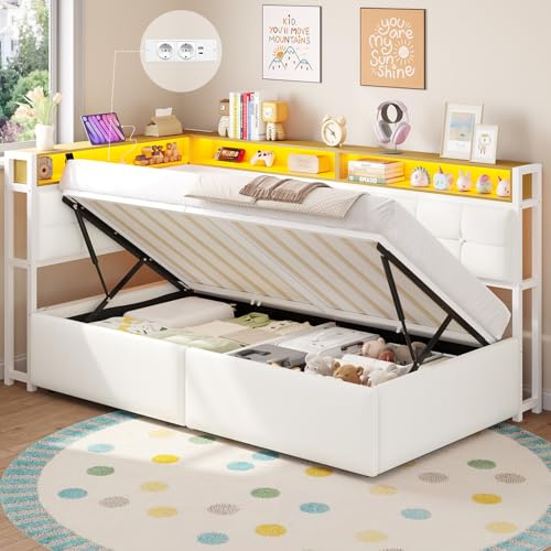 DICTAC Polsterbett 90x190 mit Stauraum, LED & Ladestation | Jugendbett mit Hydraulischer Bettkasten, zweistöckiges Ablagefach | Tagesbett Einzelbett in weiß– für Kinder, Jugendliche & Erwachsene