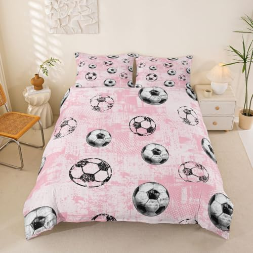Loussiesd Set di biancheria da letto con copripiumino 3D a tema calcio, per bambini e ragazze, per ragazzi e ragazze, tema sportivo, decorazione per camera da letto, 2 pezzi, chiusura a cerniera, con