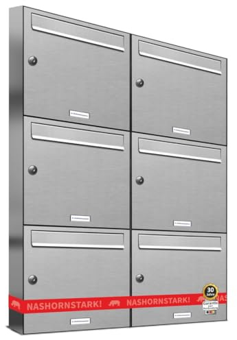 AL Briefkastensysteme 6er Briefkastenanlage Edelstahl, Premium Briefkasten DIN A4, 6 Fach Postkasten modern Aufputz