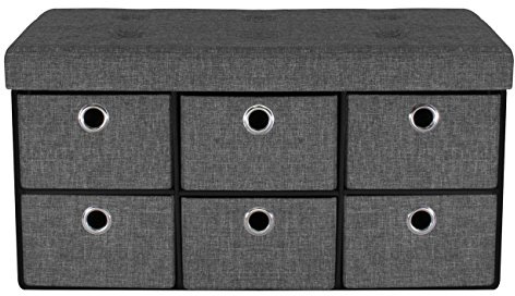 Sorbus Storage Bench Chest with Drawers – Collapsible Folding Bench Ottoman Includes Cover – Perfect for Entryway, Bedroom Bench, Cubby Drawer Footstool, Hope Chest, Faux Linen (Gray)