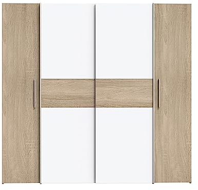 FORTE KALIXTUS Schrank 200, Kleiderschrank, Schwebetürenschrank Skandinavisch Schlafzimmer 4-türig, Holzdekor: Sonoma Eiche / Weiß, 200 cm breit x 190.5 cm hoch x 62 cm tief