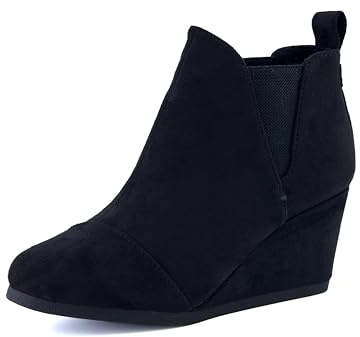 Dunes Women's Zoey Wedge Bootie, Soft Vegan Suede, Easy Slip-On Design, Memory Foam, Wide Widths Available, booties for women low heel, BLACK 6.5