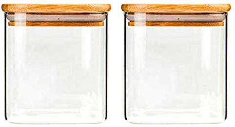 550ml Barattoli di Vetro Quadrato - Set di 2 Vasetti Vetro Impilabile - Contenitori in Vetro Borosilicato con Coperchi di Bambù - Ideale per Spaghetti, Spezie, Cereali