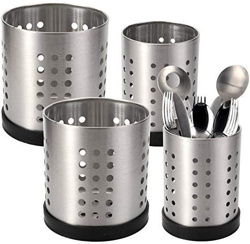 TOPZEA Set of 4 Kitchen Utensil Holder, Stainless Steel Cooking Organizer, Tools Flatware Holder, Drying Cylinder, Countertop Silverware Caddy