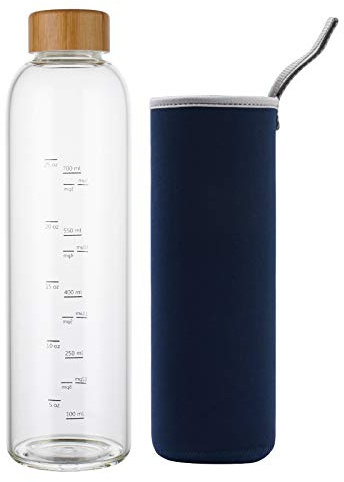 sunkey Bouteille d'eau en Verre 1L avec Bouchon Housse sans Bpa Réutilisable pour Sport, Gym, Voyage (Bleu Marine)