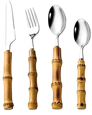 Comfylar Juego de cubiertos de bambú - Cubertería de bambú natural - Cubertería y utensilios de bambú - Hecho a mano 4 piezas de utensilios (plata)
