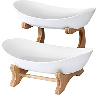 Corbeille a fruits 2 etages, Fruits Corbeilles Céramique Panier à Fruits, Naturel Bambou Support Plateaux de Service pour Gâteaux Fêtes Plat Fruits Dessert, Corbeille table fruits et legumes (blanche)