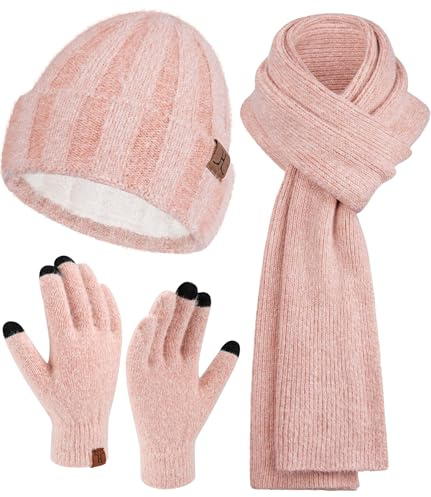 Womens Winter Warm Knit Beanie Hat Touchscreen Gloves Long Neck Scarf Set with Fleece Lined Skull Caps Gifts for Women