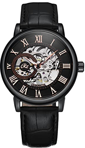 rorios Herrenuhren Mechanische Automatikuhr Leuchtende Uhren mit Lederband Skelett Militär Armbanduhr
