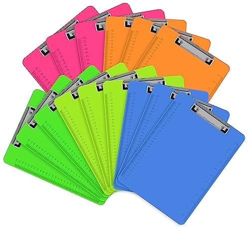 HERKKA 15 Pack Plastic Clipboards, Assorted Color, Low Profile, Standard A4 Letter Size