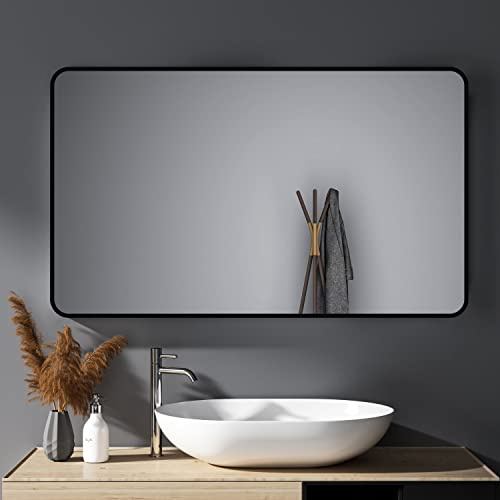 HY-RWML Wandspiegel Schwarz 100x60 cm Spiegel Rechteckiger Abgerundete Ecken Wandmontage Edelstahl Kosmetikspiegel für Badezimmer Wohnzimmer Glatte Spiegeloberfläche