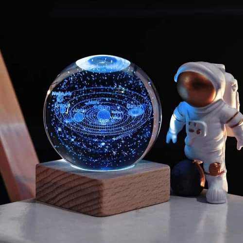 Coomir Sistema Solare 3D -Crystal Ball, Luce Notturna Bambini a Palla Di Vetro, Lampada Da Notte con Base in Legno,Decorazione in Cristallo,Sistema Solare per Bambini Crystal Ball con Led