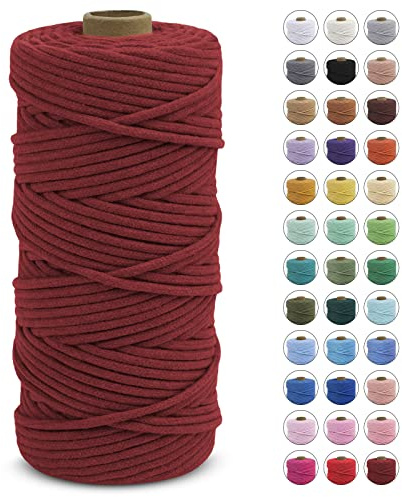 LEREATI Makramee Garn 3mm x 100m, Makramee Garn Geflochten Farbig Baumwollkordel, Baumwollseil, Baumwollgarn, Dicke Baumwollschnur für Wandbehang, Hängepflanze, Hochzeitsbogen Deko (Weinrot)