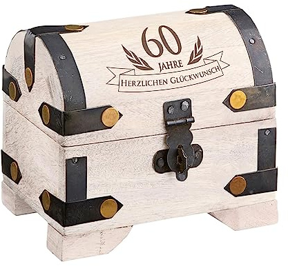 Kleine Schatztruhe mit Gravur zum 60. Geburtstag, Weiße Schatzkiste, Geburtstagsgeschenk, Geschenkbox mit Deckel, Dekorative Holztruhe, Geschenk Holzkiste mit Deckel, Verpackung für Geldgeschenke