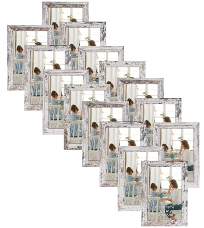 HORLIMER 15er Set Bilderrahmen 10x15 cm, Vintage-Weiß mit Verwitterter Maserung, Rustikale Fotorahmen Collage für 15x10 Fotos und Bilder, Wand- oder Tischaufstellung