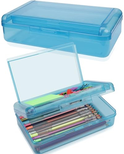 1 PCS Pencil Box,Double Layer Large Capacity Pencil Case,Hard Pencils Case with Snap-tight Lid, Clear Crayon Box for Office School Supplies Storage Boxes,Storage Organizer for Gel Pens Erasers-Blue