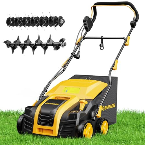 2025 Upgraded EVEAGE 16-Inch 15 Amp Electric Dethatcher & Scarifier, 5-Position Depth Adjustment, 14.5gal Collection Bag, Increases Lawn Health, EDS16S