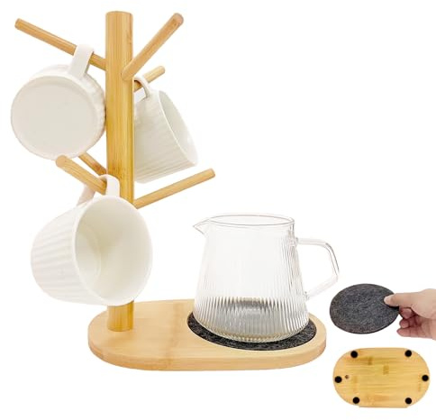 SNAIL GARDEN 6 Haken Tassenhalter, Kaffeetassenbaum mit großem Holzsockel, Kaffeetassenständer mit abnehmbarem, rundem Filzkissen, Kaffeetassenbaum für Küche, Wohnzimmer,Arbeitsplatte,Tischplatte