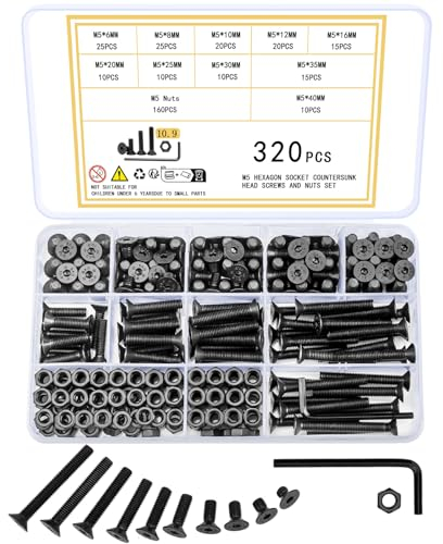 Ewwtrey 320 Stück M5 Schrauben Set, Innensechskant Senkkopfschrauben Muttern Set, Innensechskantschrauben mit Muttern Set, Flachkopf Maschinenschrauben Set, Schwarz Gewindeschrauben und Muttern Set