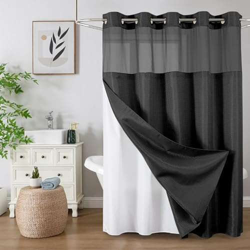 Colorful Star Black No Hook Waffle Shower Curtain with Liner, 72 x 75 Inch
